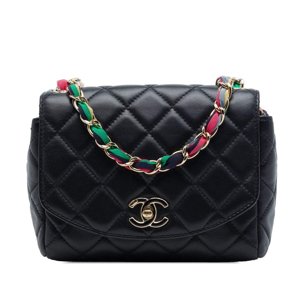 Chanel Small Quilted Lambskin Cocovado Ribbon Chain Flap Black Leather Very good - Front View