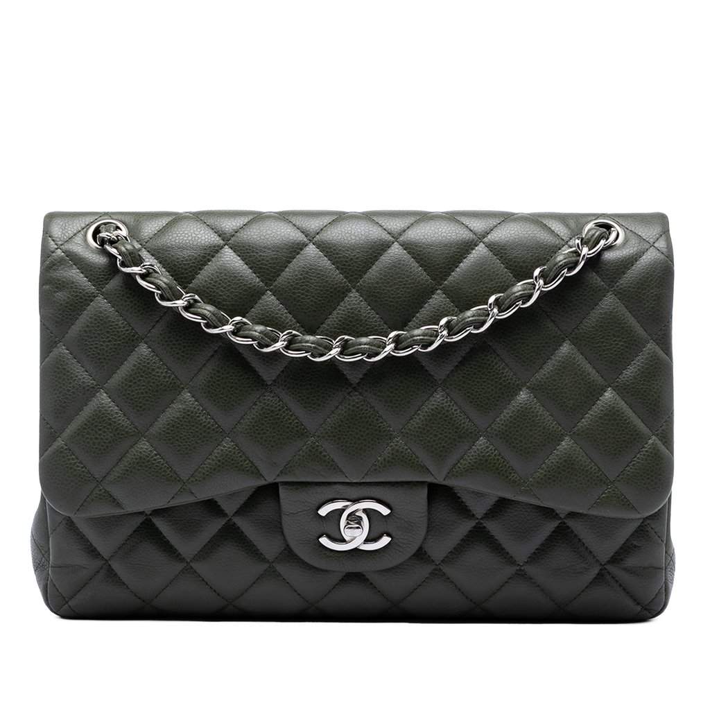 Chanel Jumbo Classic Caviar Double Flap Green Leather Very good - Front View