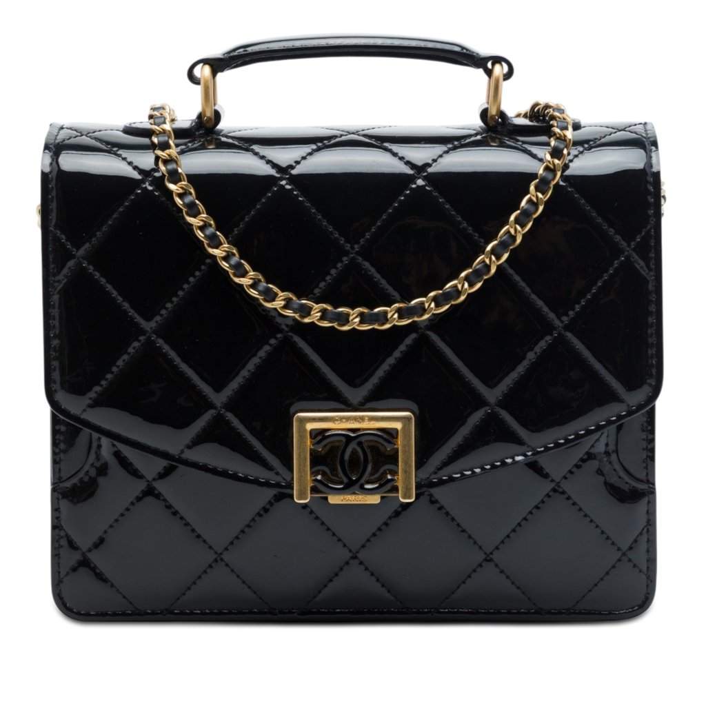 Chanel CC Quilted Patent Accordion Pushlock Top Handle Flap Black Leather Very good - Front View