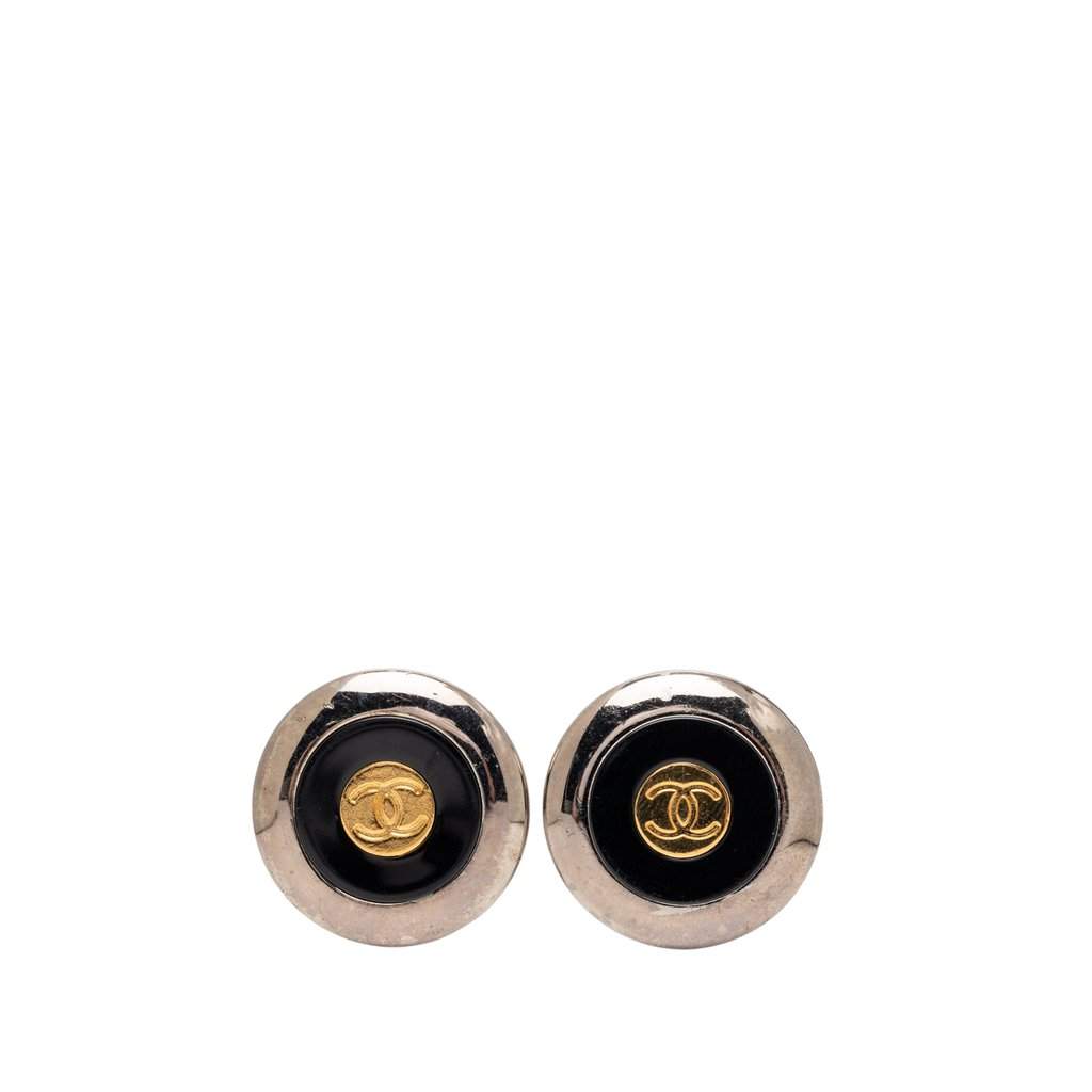 Chanel CC Two Tone Brass Enamel Clip On Earrings Silver Metal Very good - Front View