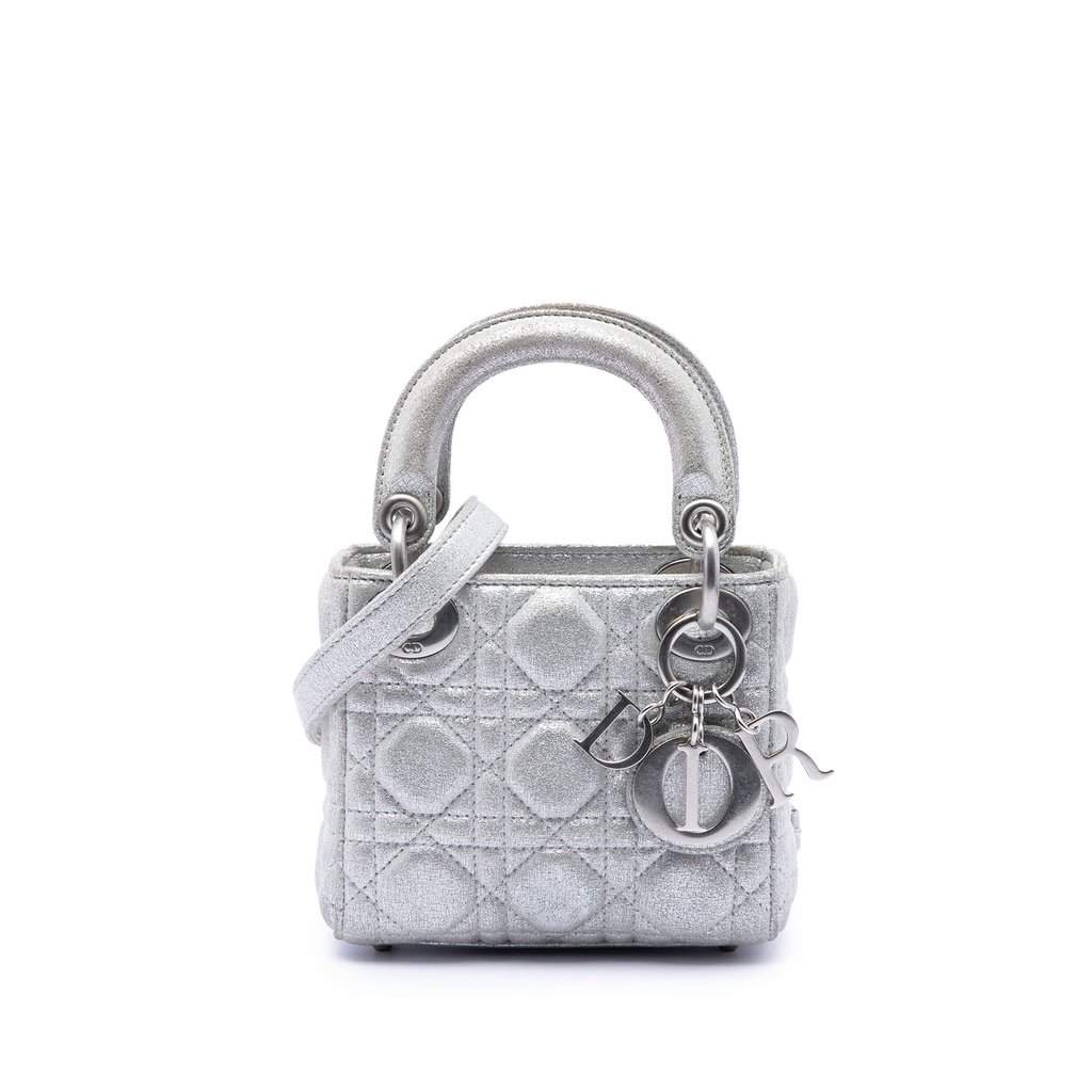 Dior Micro Metallic Calfskin Cannage Lady Dior Silver Leather Very good condition - Front View