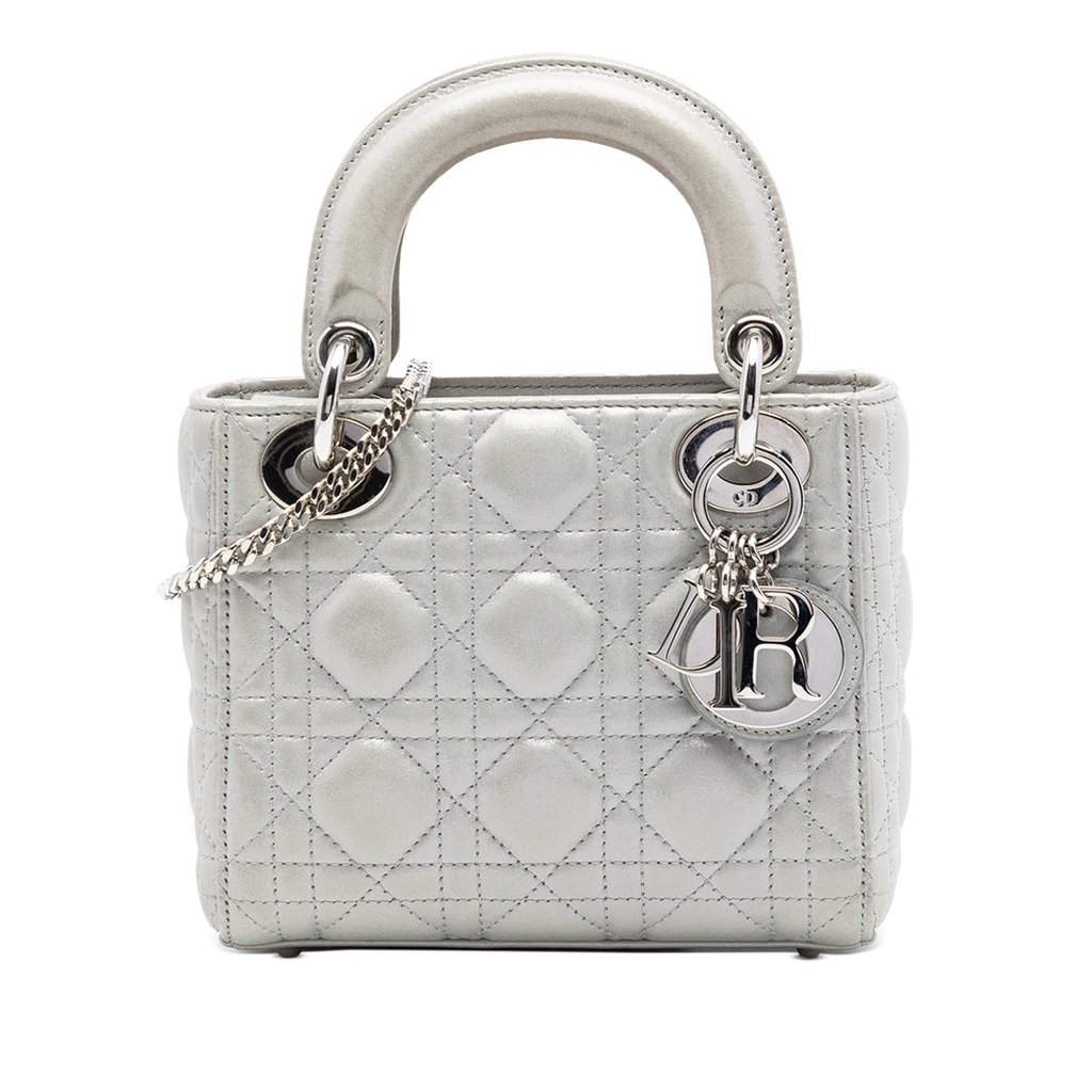 Dior Mini Iridescent Lambskin Cannage Lady Dior Silver Leather Very good - Front View