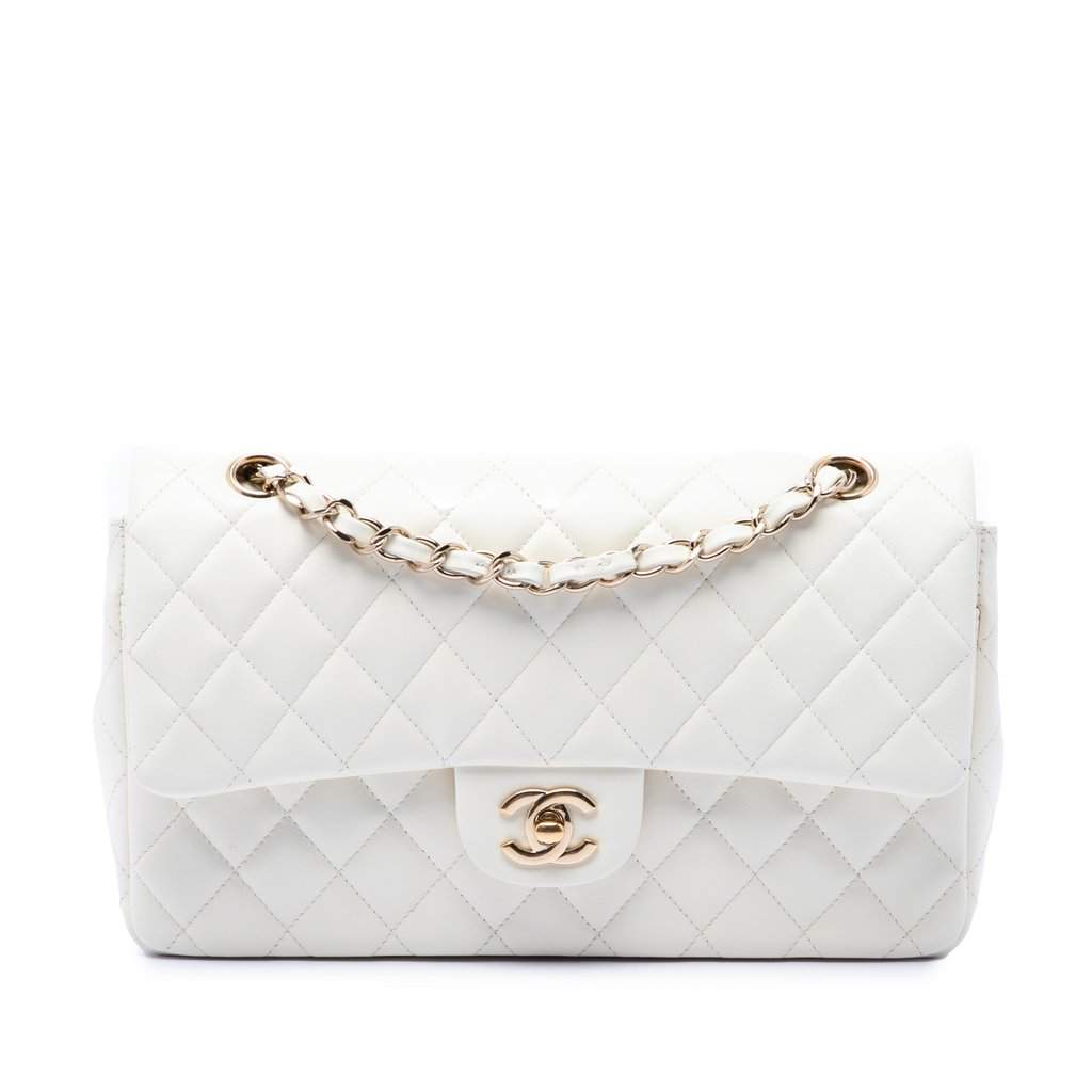 Chanel Medium Classic Lambskin Double Flap White Leather Very good - Front View