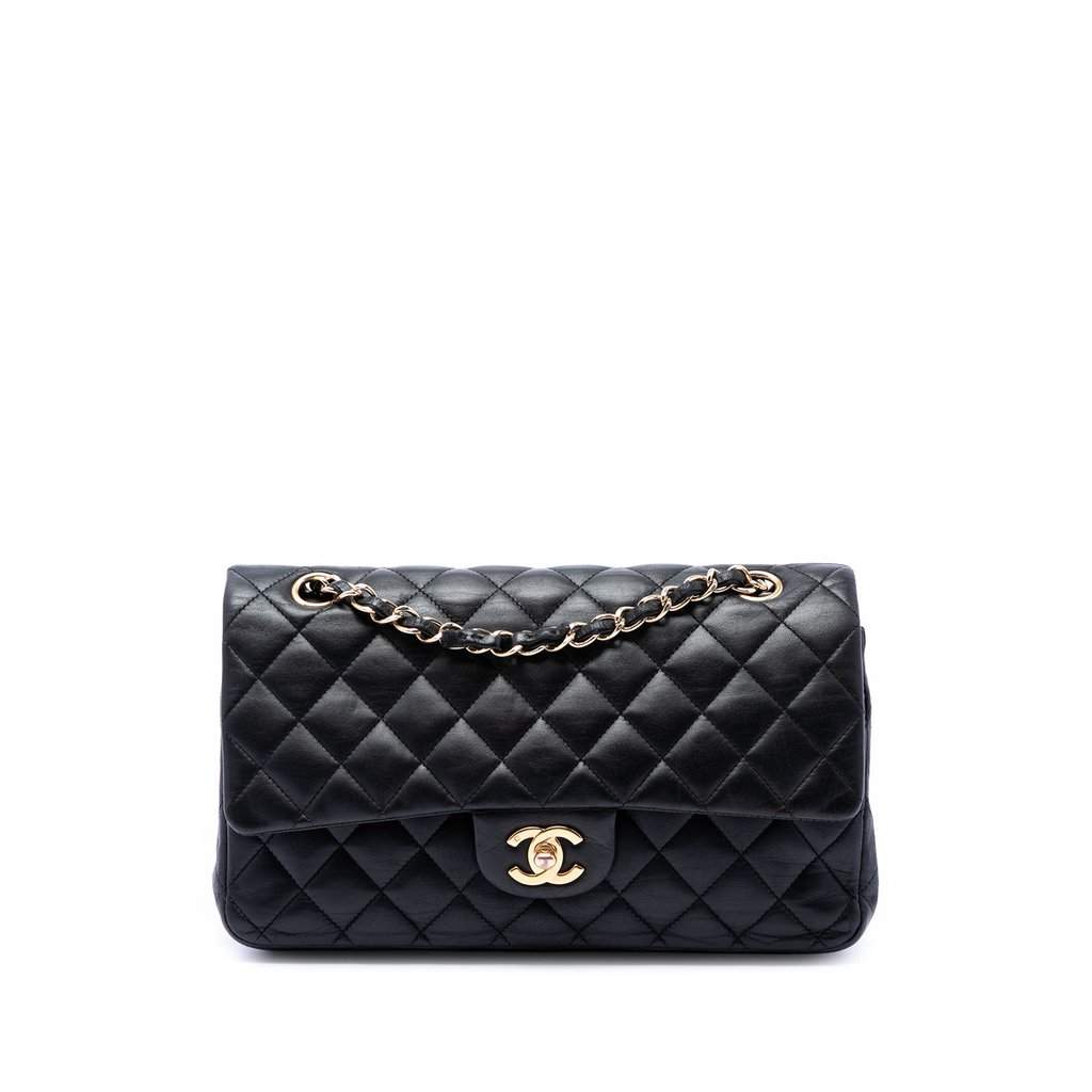 Chanel Medium Classic Lambskin Double Flap Black Leather Very good condition - Front View