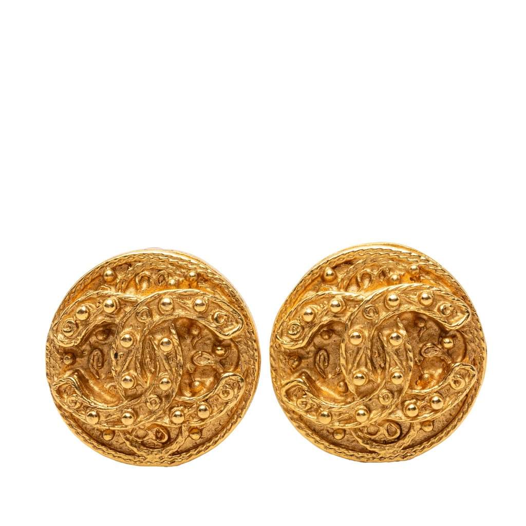 Chanel CC Gold Plated Round Clip On Earrings Gold Metal Very good - Front View