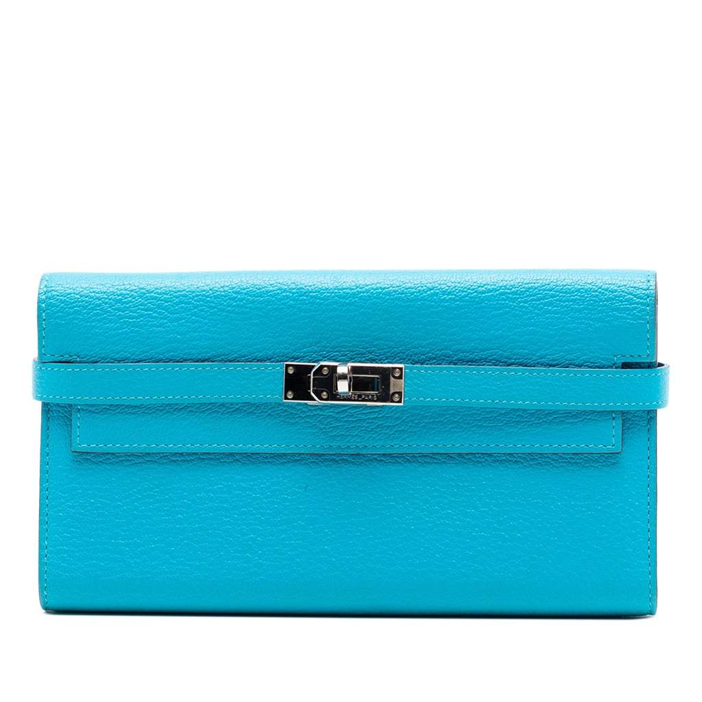 Hermès Chevre Mysore Kelly Longue Wallet Blue Leather Very good condition - Front View