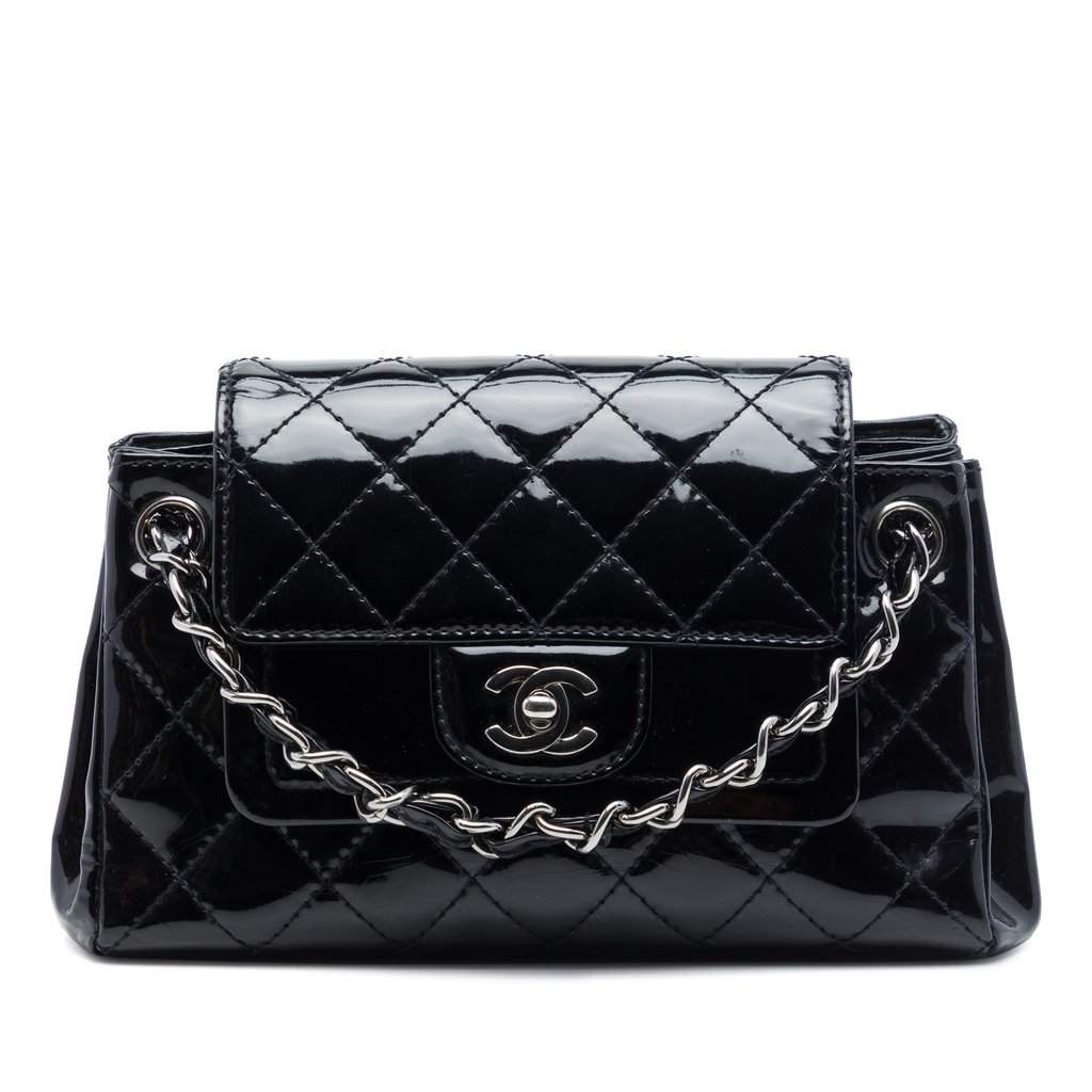 Chanel Small CC Quilted Patent Accordion Double Flap Black Leather Good - Front View