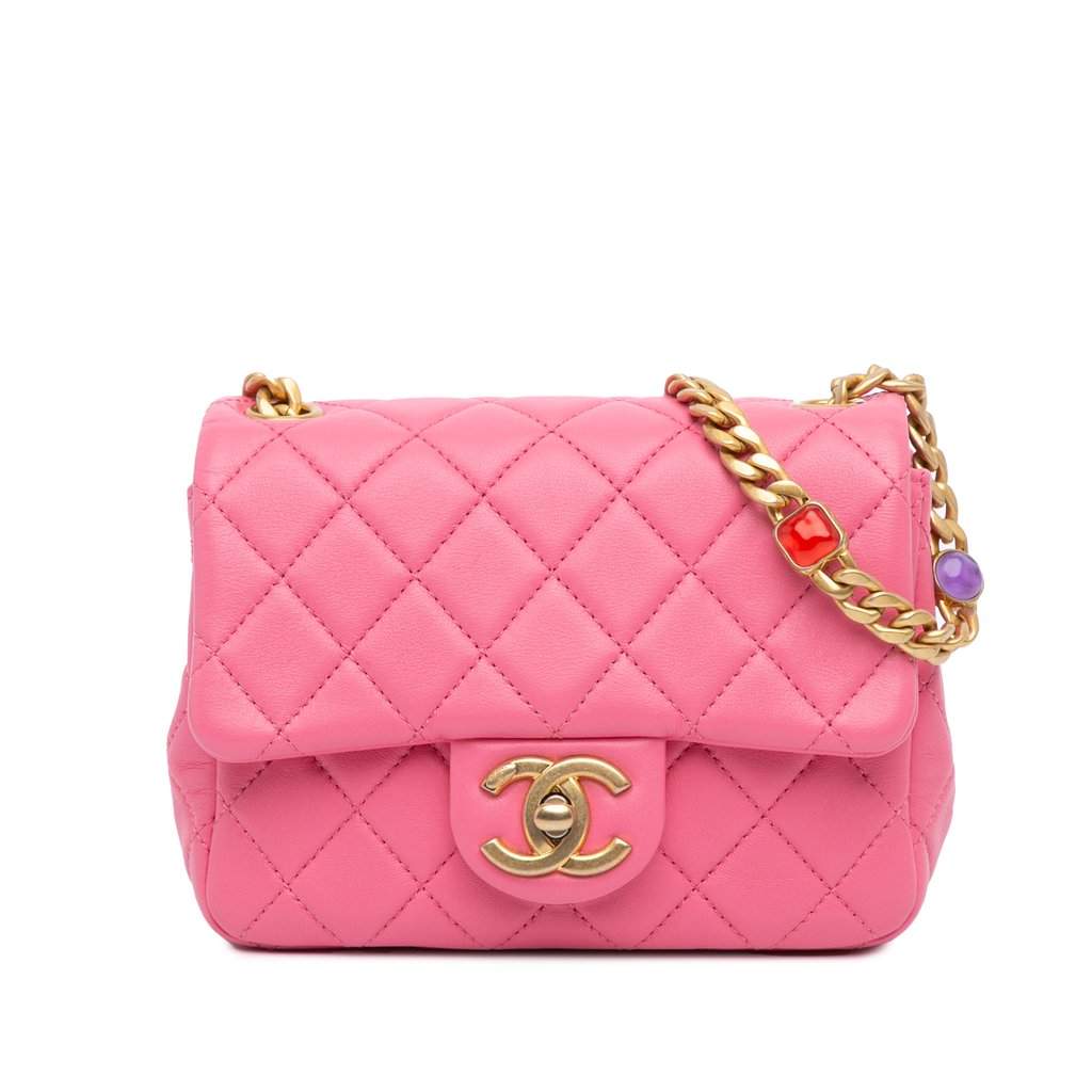 Chanel Mini Square Lambskin Pearl Samba Flap Pink Leather Very good condition - Front View
