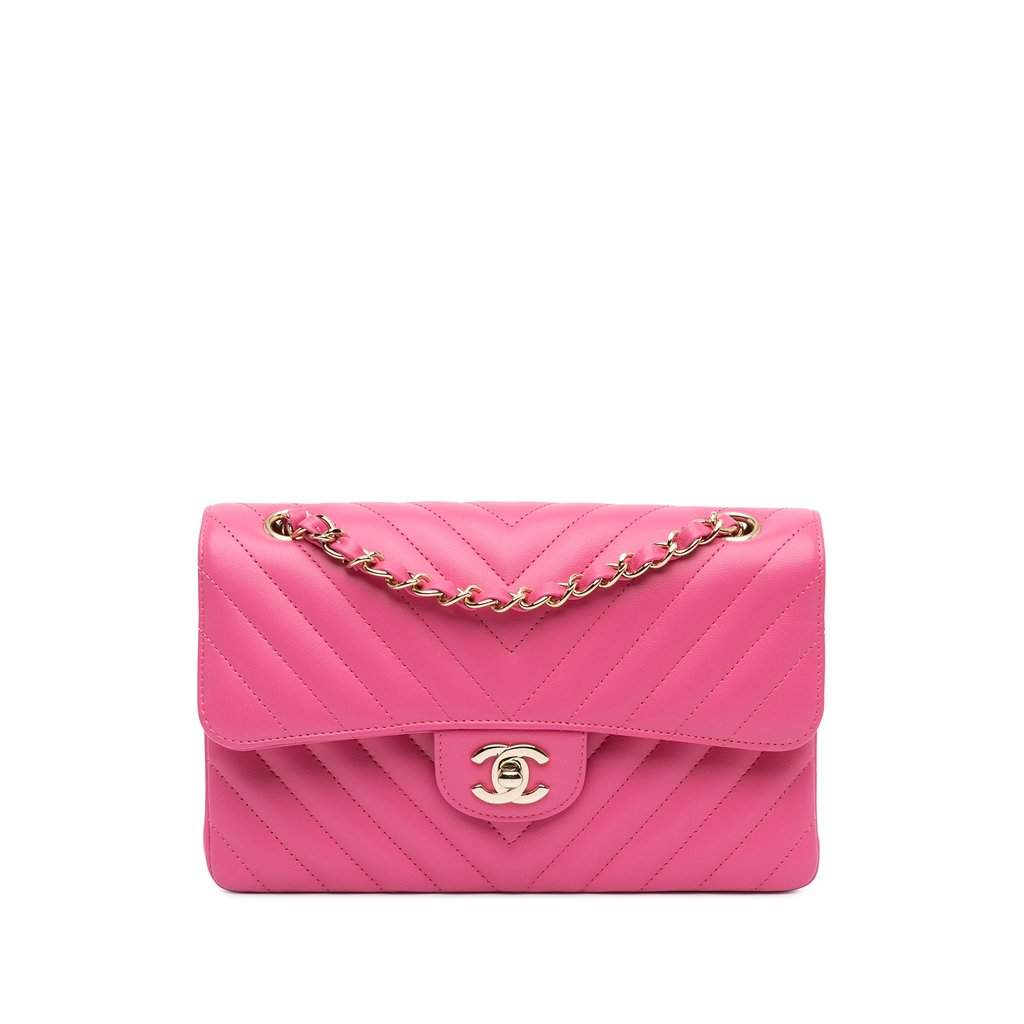 Chanel Small Classic Chevron Lambskin Double Flap Pink Leather Very good - Front View