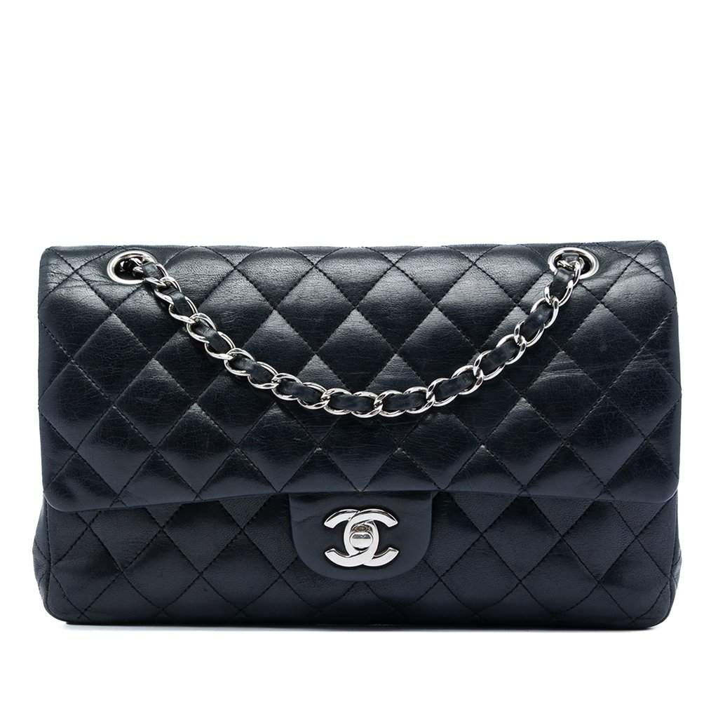 Chanel Medium Classic Lambskin Double Flap Black Leather Very good - Front View
