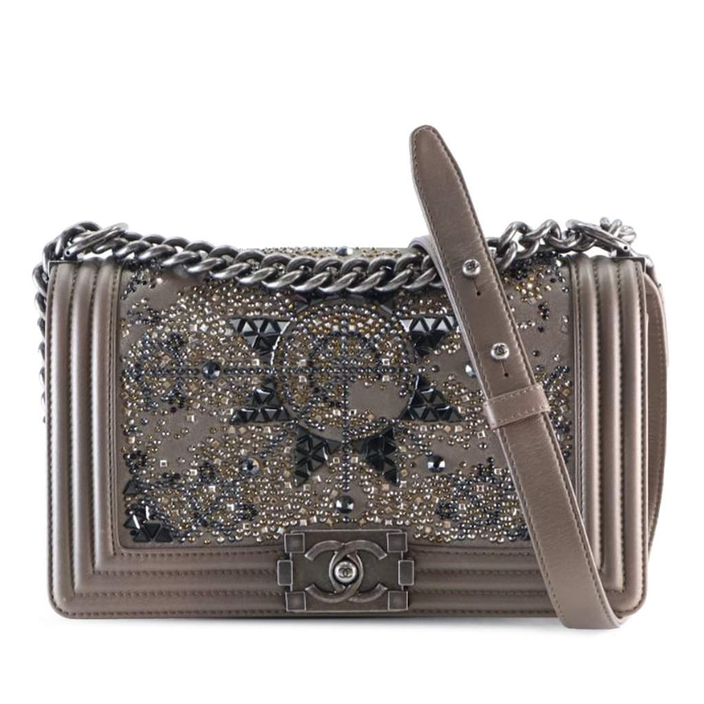 Chanel Old Medium Metallic Goatskin Crystal Boy Flap Brown Leather Very good - Front View