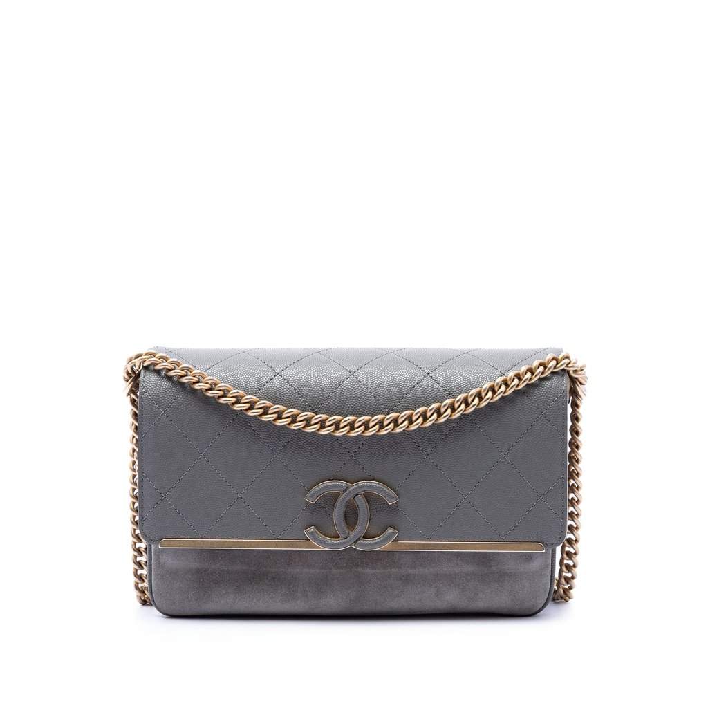 Chanel Small CC Stitched Caviar and Suede Lady Coco Flap Grey Leather Very good condition - Front View