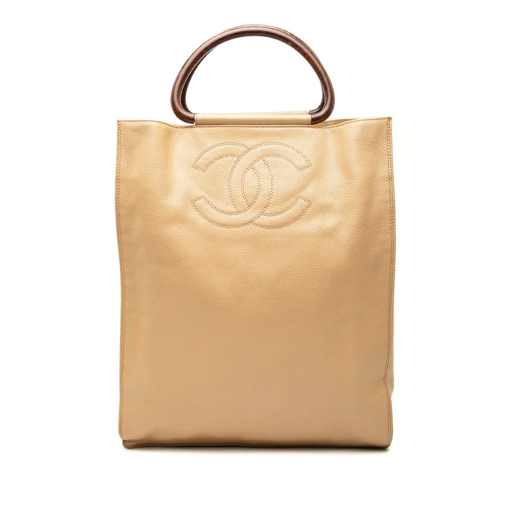 Chanel CC Caviar Wood Top Handle Tote Bag Beige Leather Very good condition - Front View