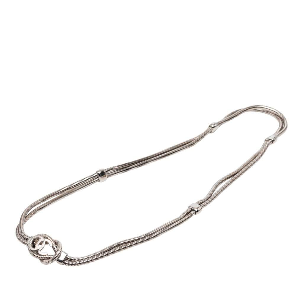 Chanel CC Brass Double Snake Chain Knot Necklace Silver Metal Very good - Front View