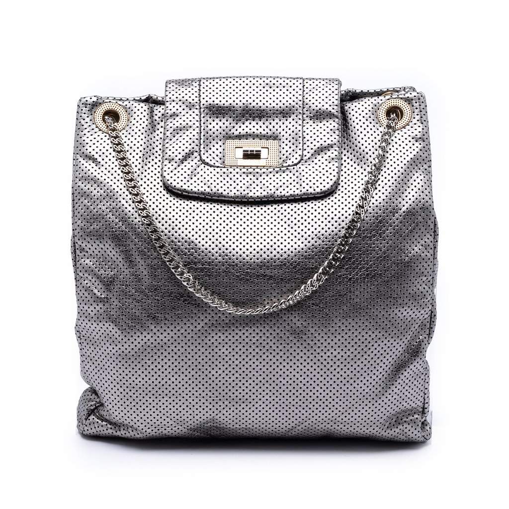 Chanel Perforated Crackled Metallic Calfskin Drill Tote Silver Leather Very good condition - Front View