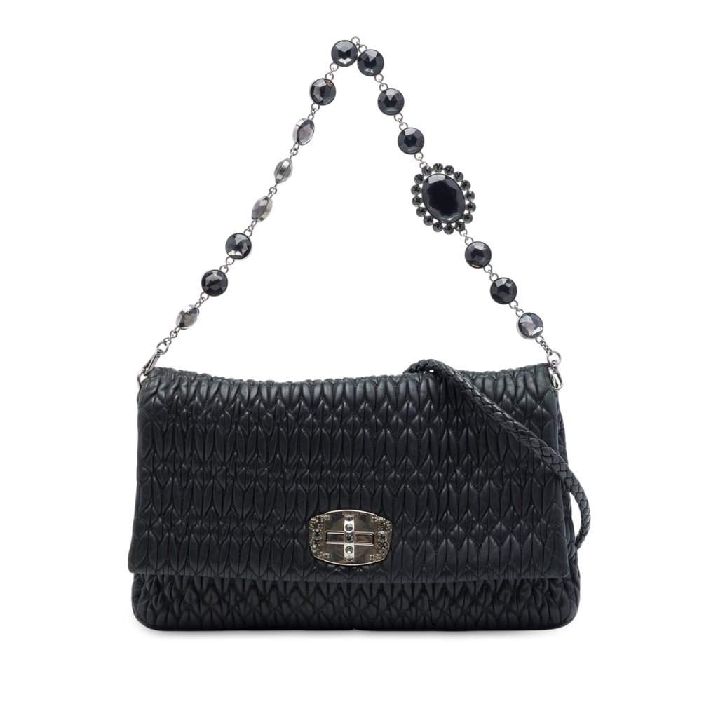 Miu Miu Matelasse Nappa Crystal Chain Satchel Black Leather Very good - Front View