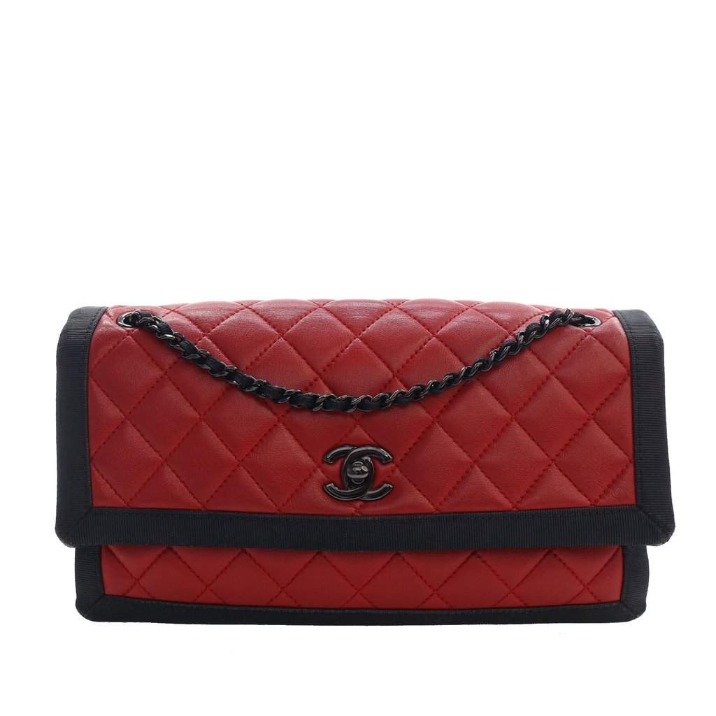 Chanel Medium CC Bicolor Quilted Lambskin Grosgrain Single Flap Red Leather Very good - Front View