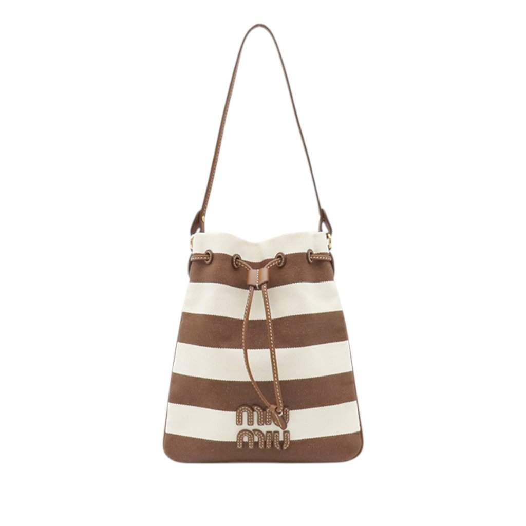 Miu Miu Striped Canvas Logo Drawstring Handbag Brown Very good condition - Front View