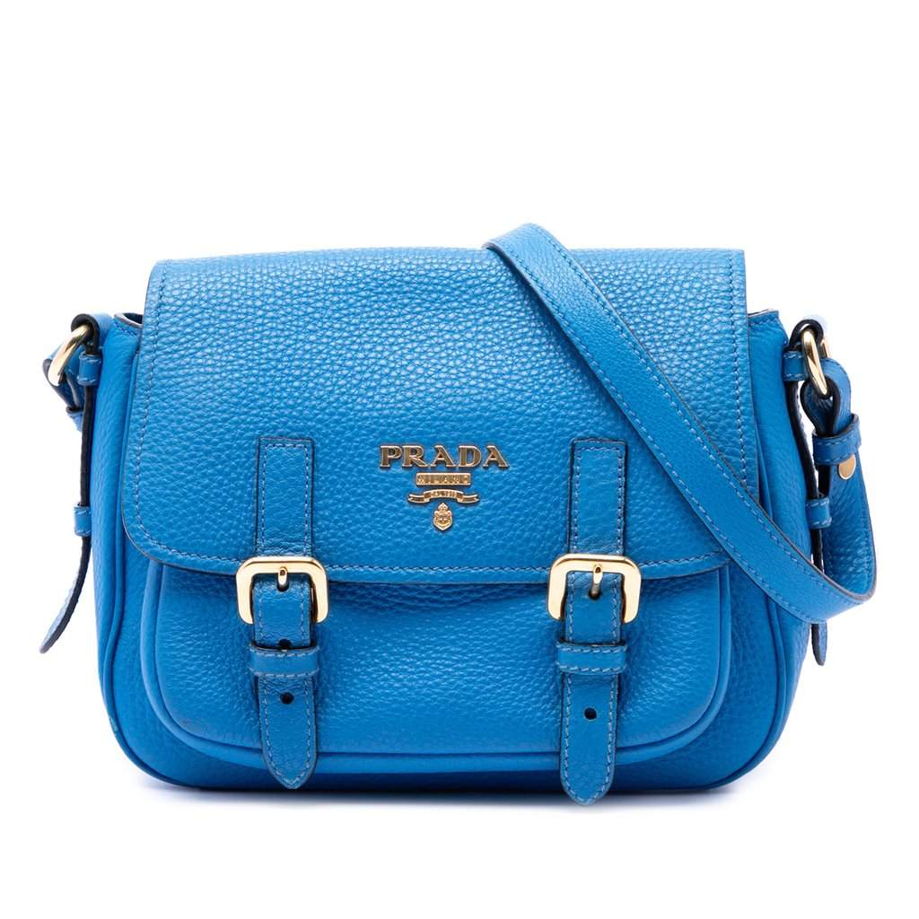 Prada Vitello Daino Double Buckle Messenger Bag Blue Leather Very good condition - Front View