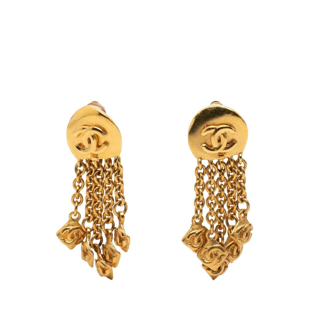 Chanel CC Gold Plated Dangling Clip On Earrings Gold Metal Very good condition - Front View