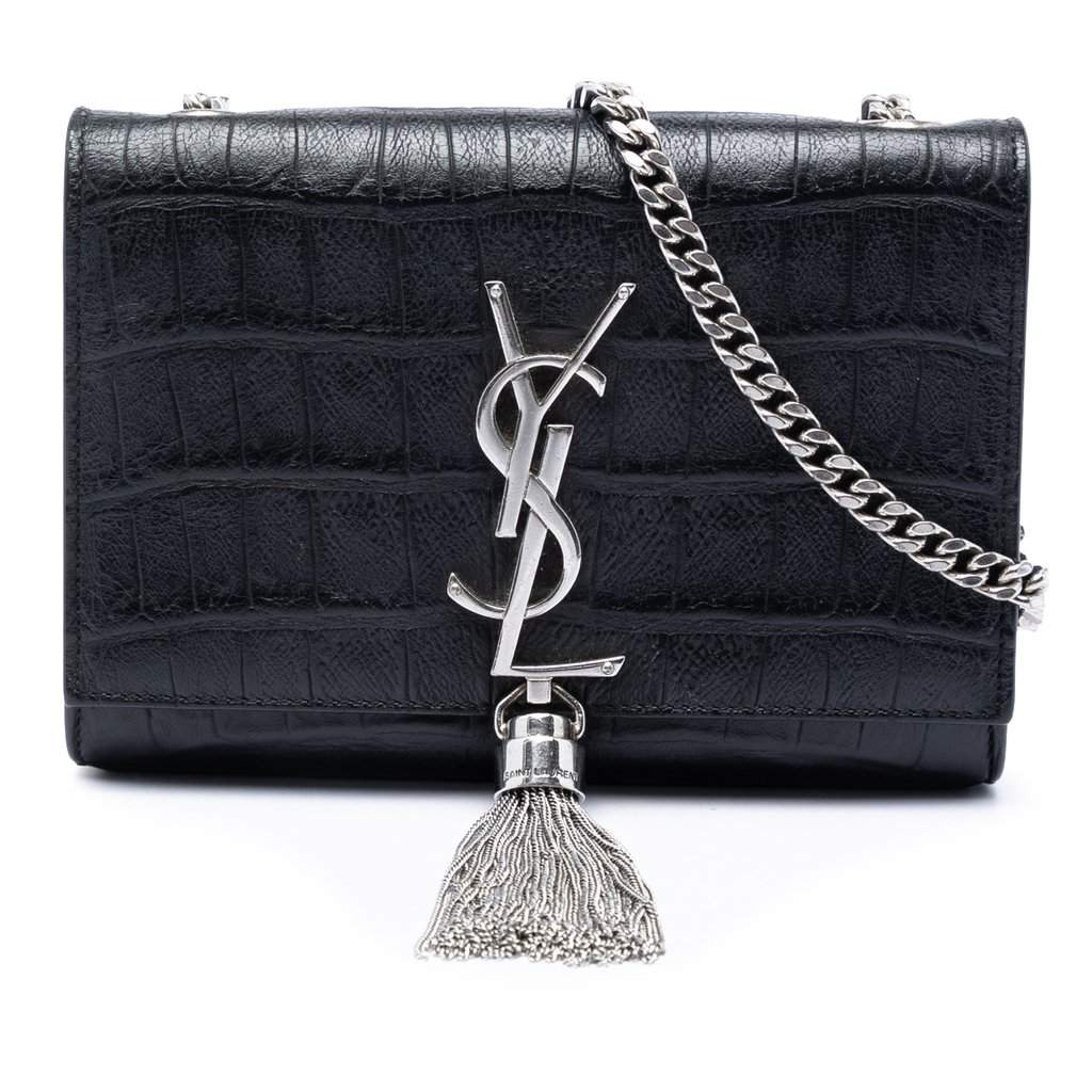 Saint Laurent Small Croc Embossed Leather Monogram Kate Tassel Crossbody Black Leather Very good condition - Front View