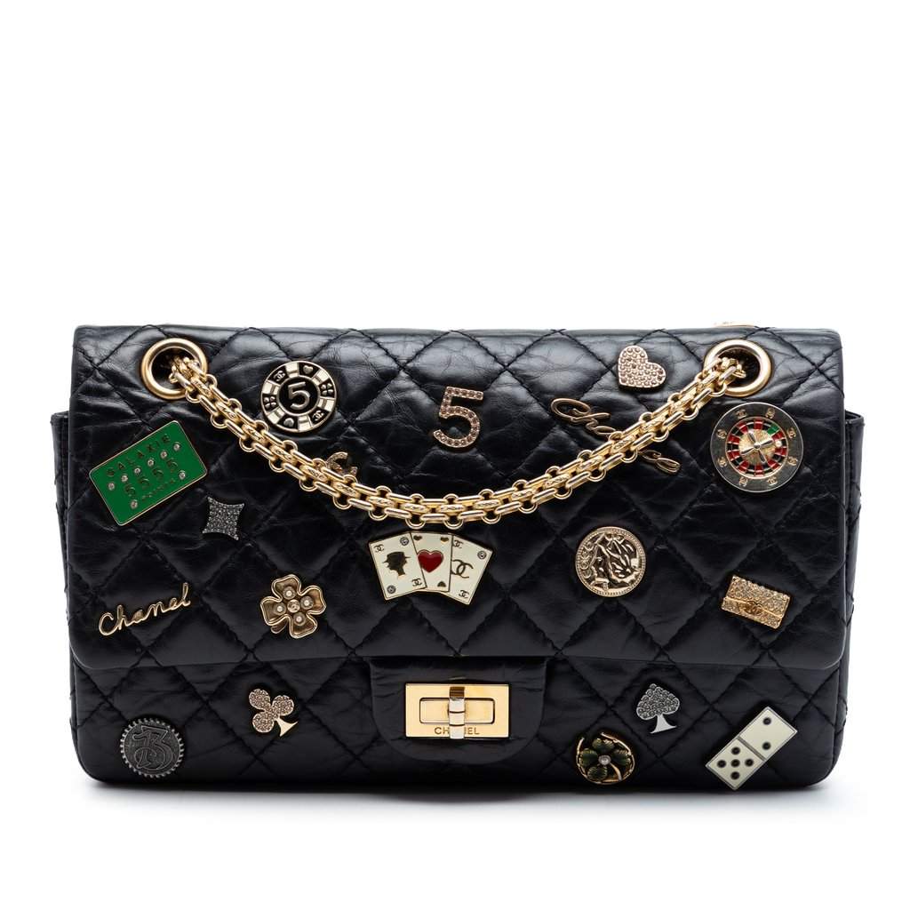 Chanel Quilted Aged Calfskin Reissue 2.55 Lucky Charms Double Flap 225 Black Leather Very good condition - Front View