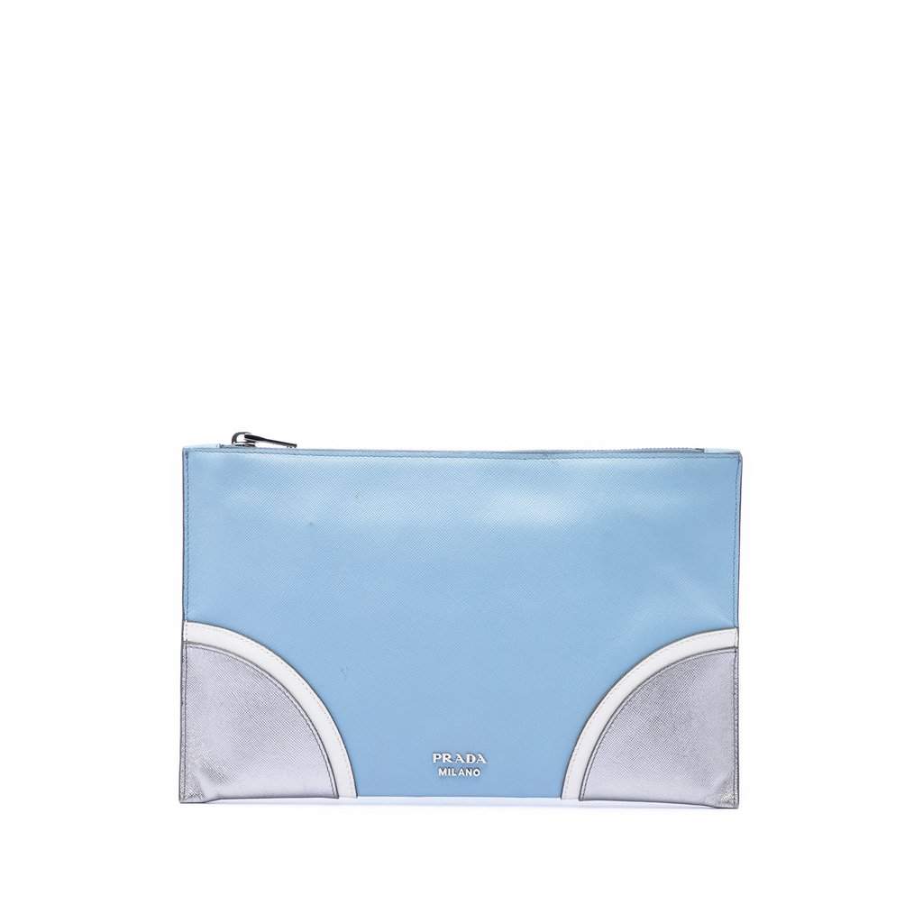 Prada Tricolor Saffiano Clutch Blue Leather Very good - Front View