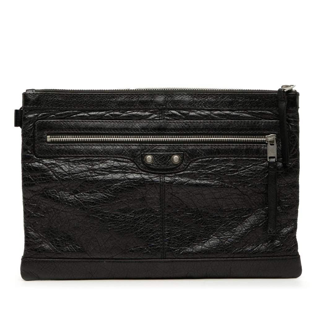 Balenciaga Lambskin Motocross Classic Clip Clutch M Black Leather Good - Front View