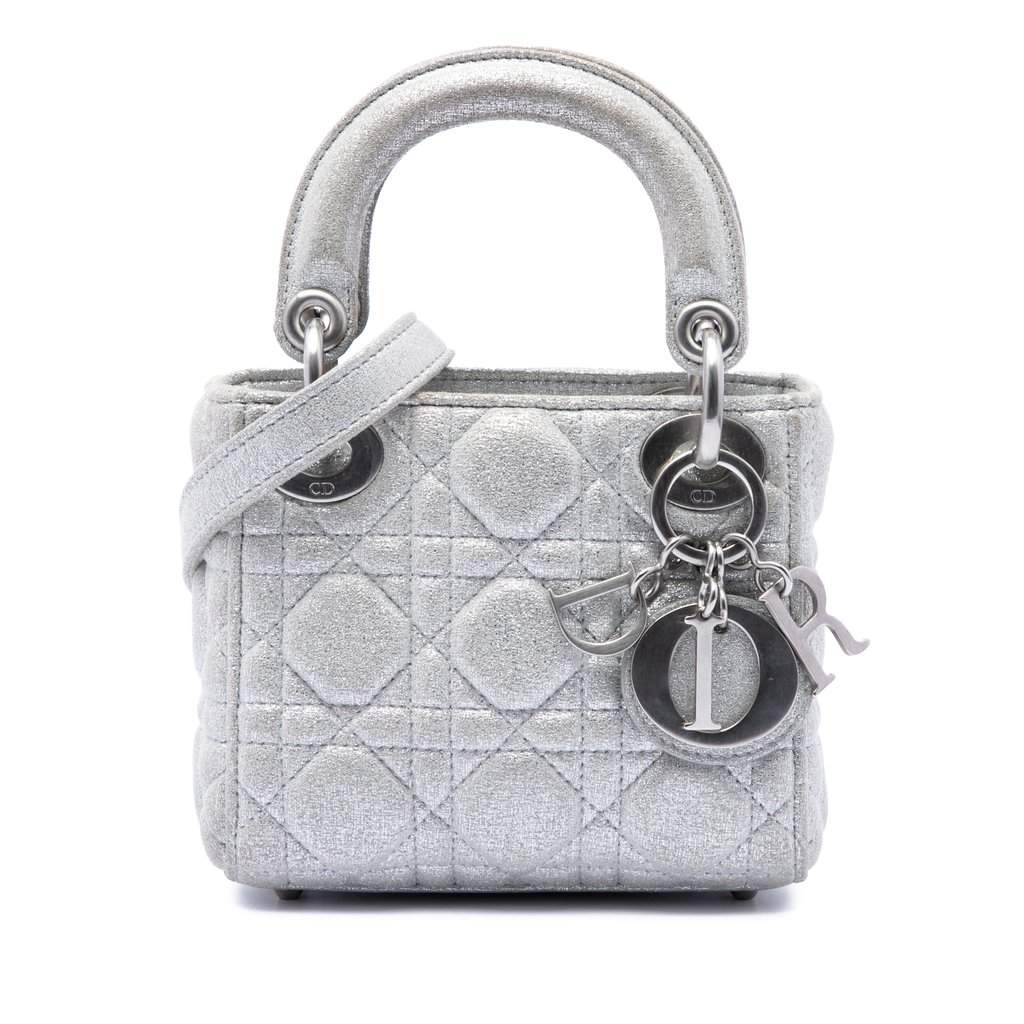 Dior Micro Metallic Calfskin Cannage Lady Dior Silver Leather Very good condition - Front View