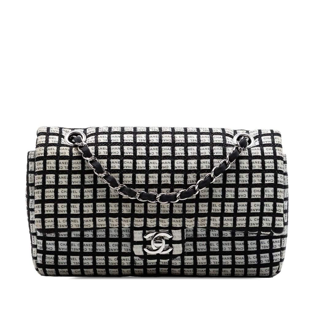 Chanel Medium Classic Tweed and Ribbon Logo Double Flap Black Very good - Front View