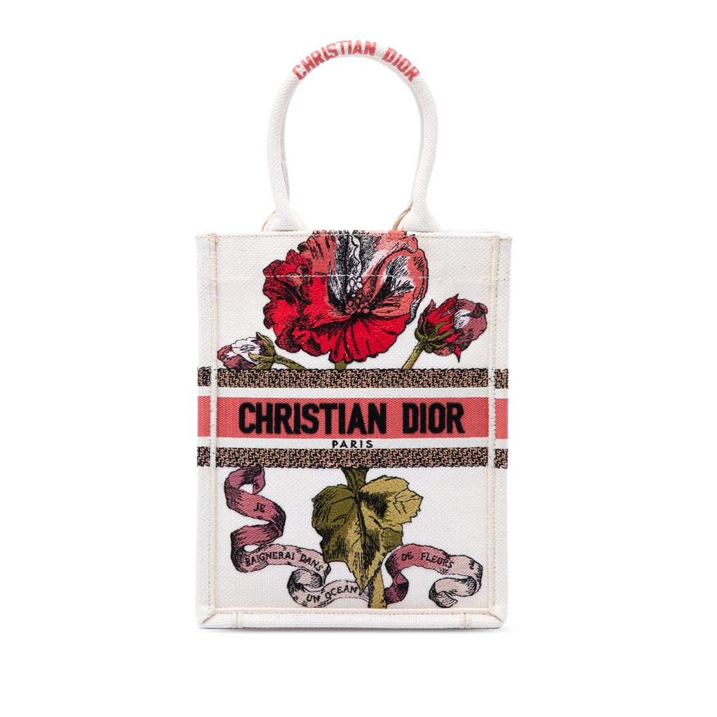 Dior Embroidered Canvas Fleurs Bibliques Vertical Book Tote Brown Very good condition - Front View