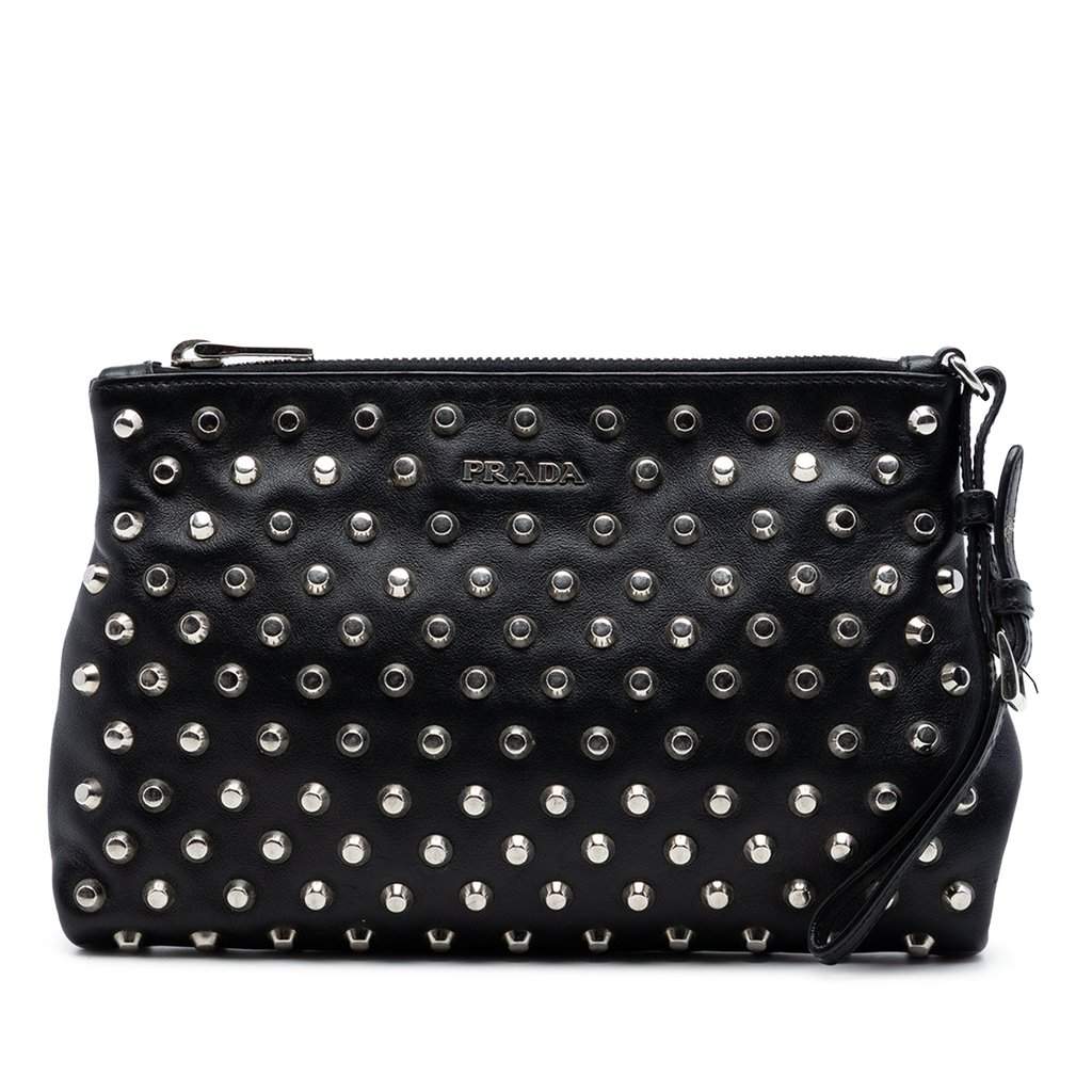Prada Studded Leather Clutch Black Leather Very good condition - Front View