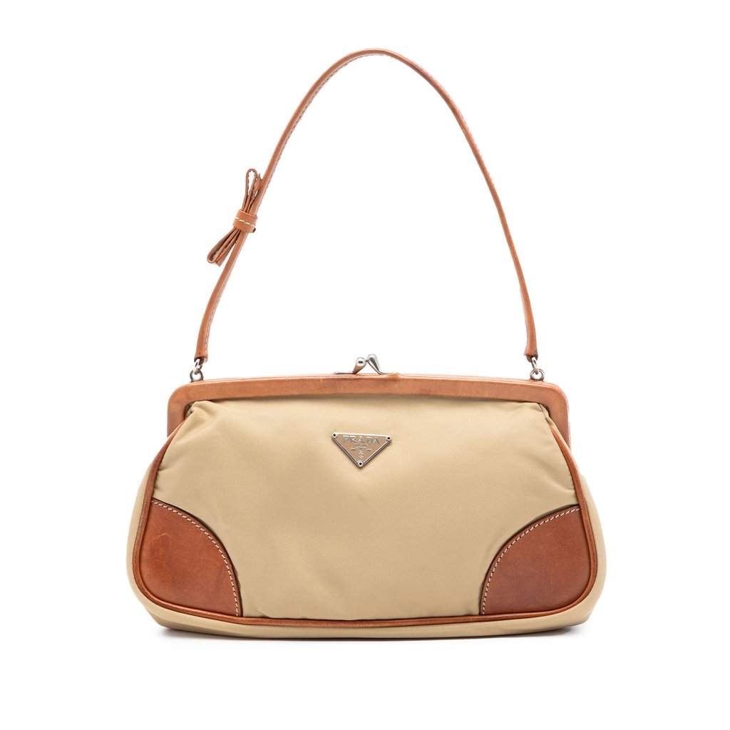 Prada Leather Trimmed Tessuto Kisslock Frame Pochette Beige Very good condition - Front View