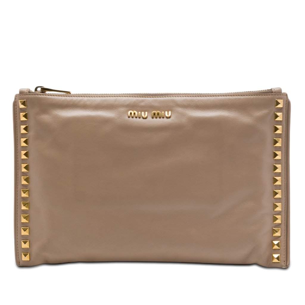 Miu Miu Studded Leather Zip Clutch Beige Leather Very good - Front View