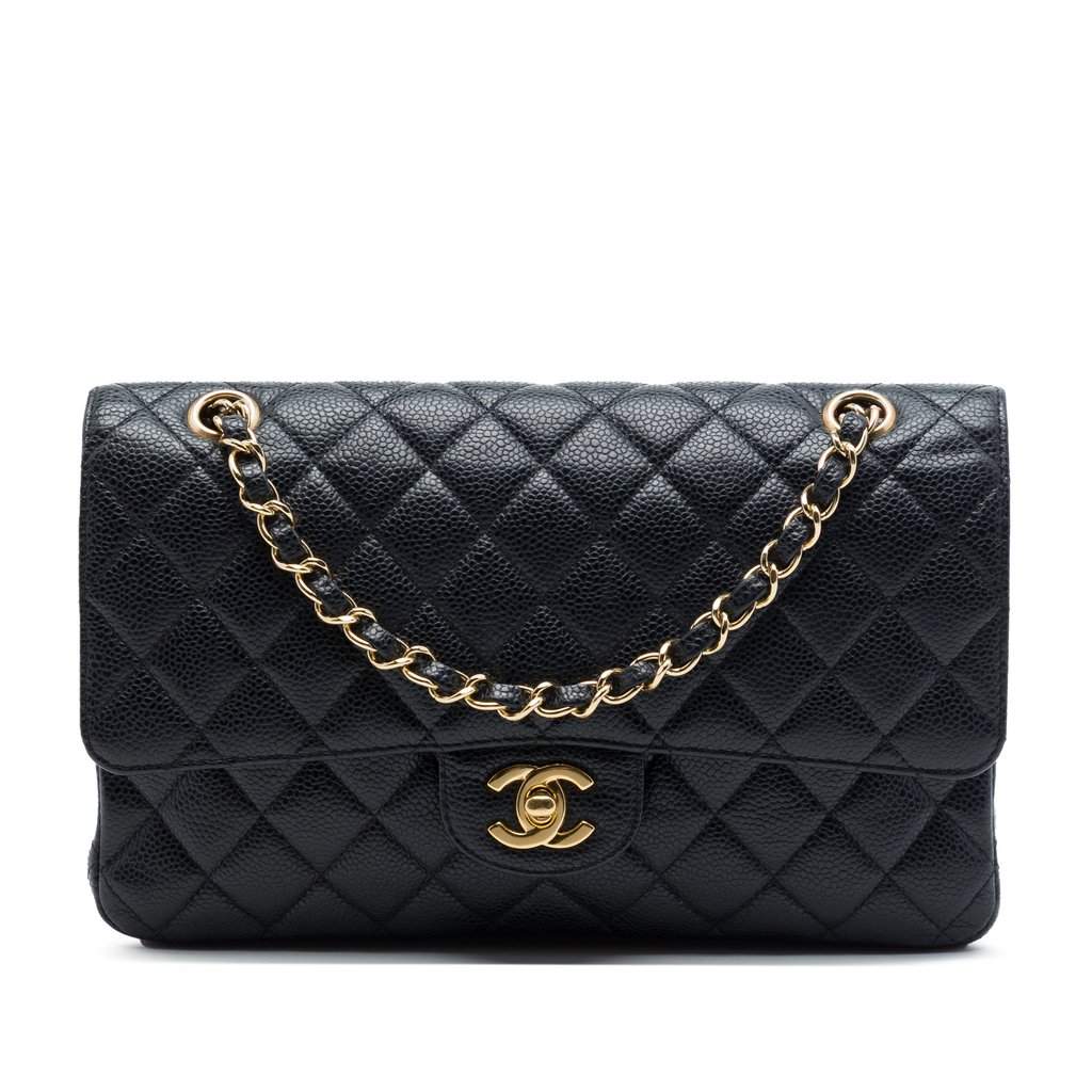 Chanel Medium Classic Caviar Double Flap Black Leather Very good - Front View