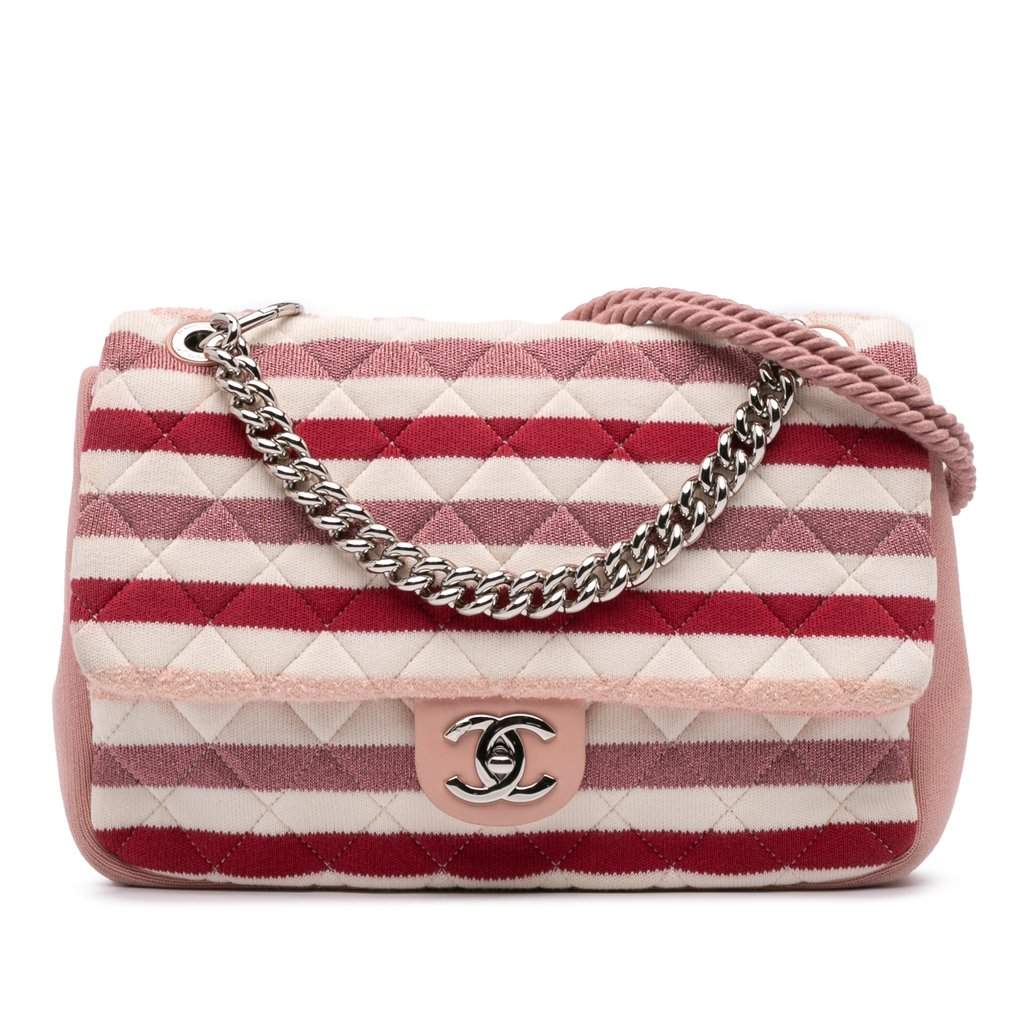 Chanel Jumbo Stripe Jersey Felt and Rope Flap Pink Very good - Front View