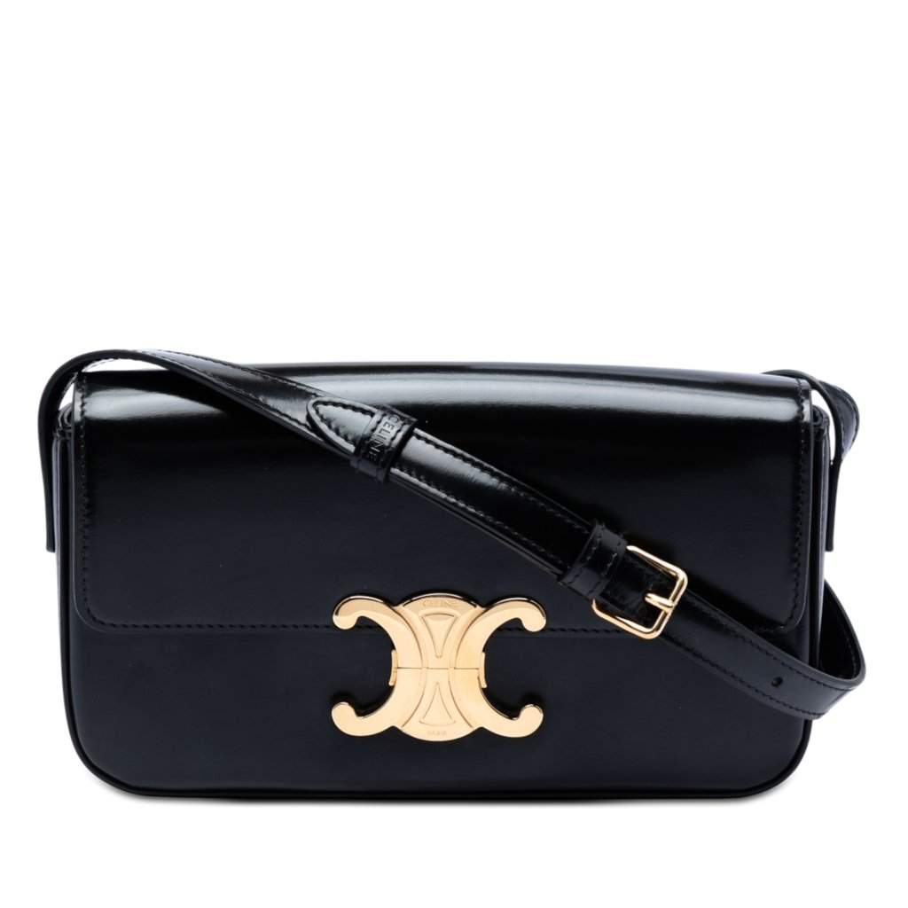 Celine Shiny Calfskin Triomphe Claude Shoulder Bag Black Leather Very good condition - Front View