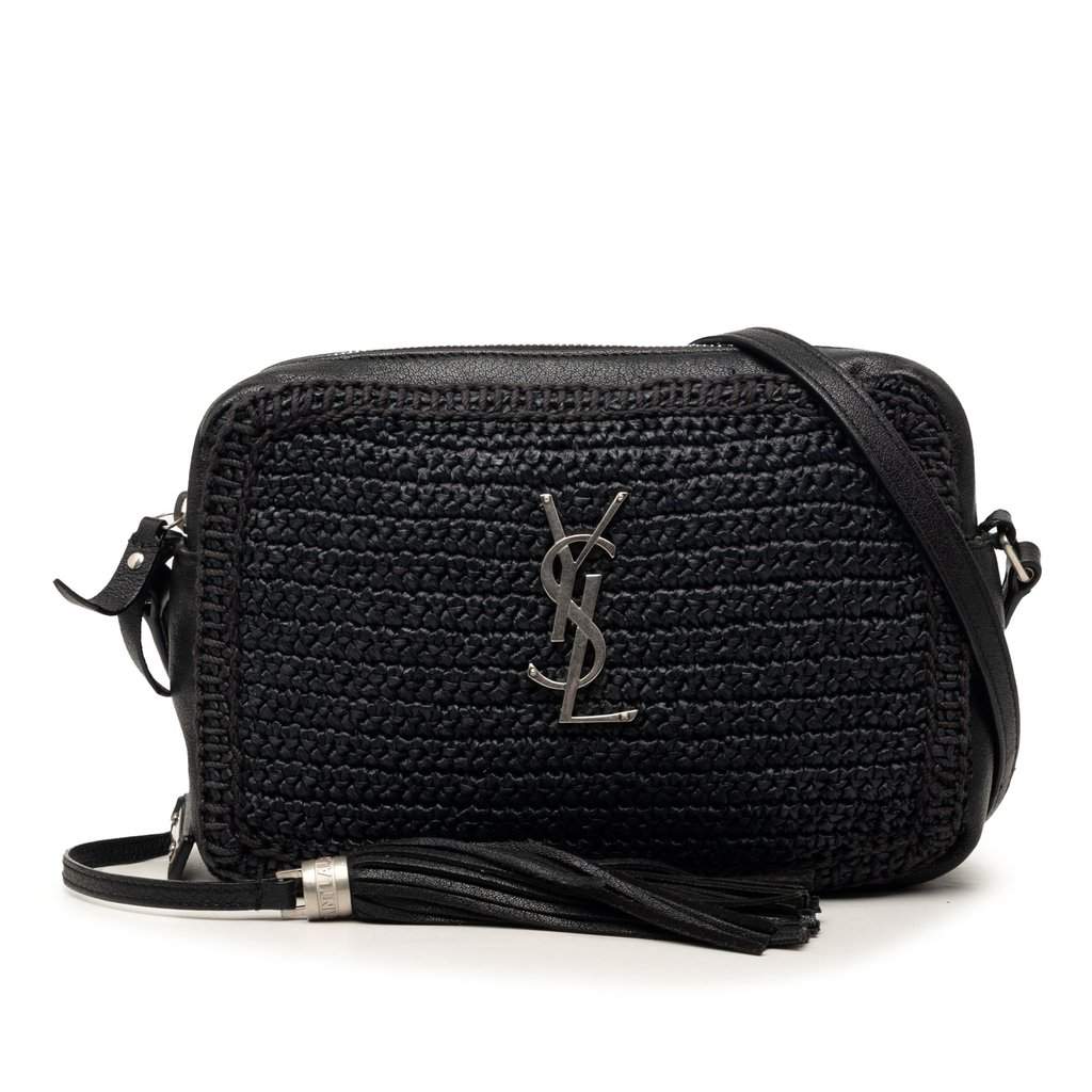 Saint Laurent Woven Raffia and Leather Lou Camera Bag Black Good - Front View