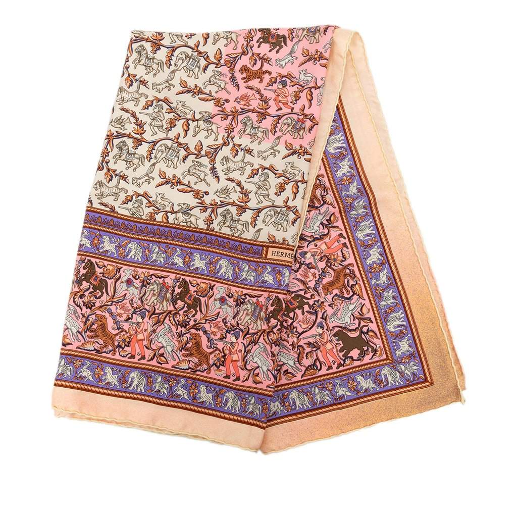 Hermès Chasse en Inde Silk Scarf 90 White Very good condition - Front View