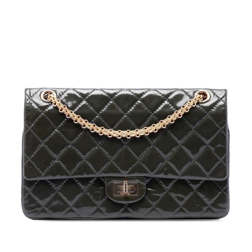 Chanel Quilted Patent Reissue 2.55 Double Flap 226 Green Leather Very good condition - Front View