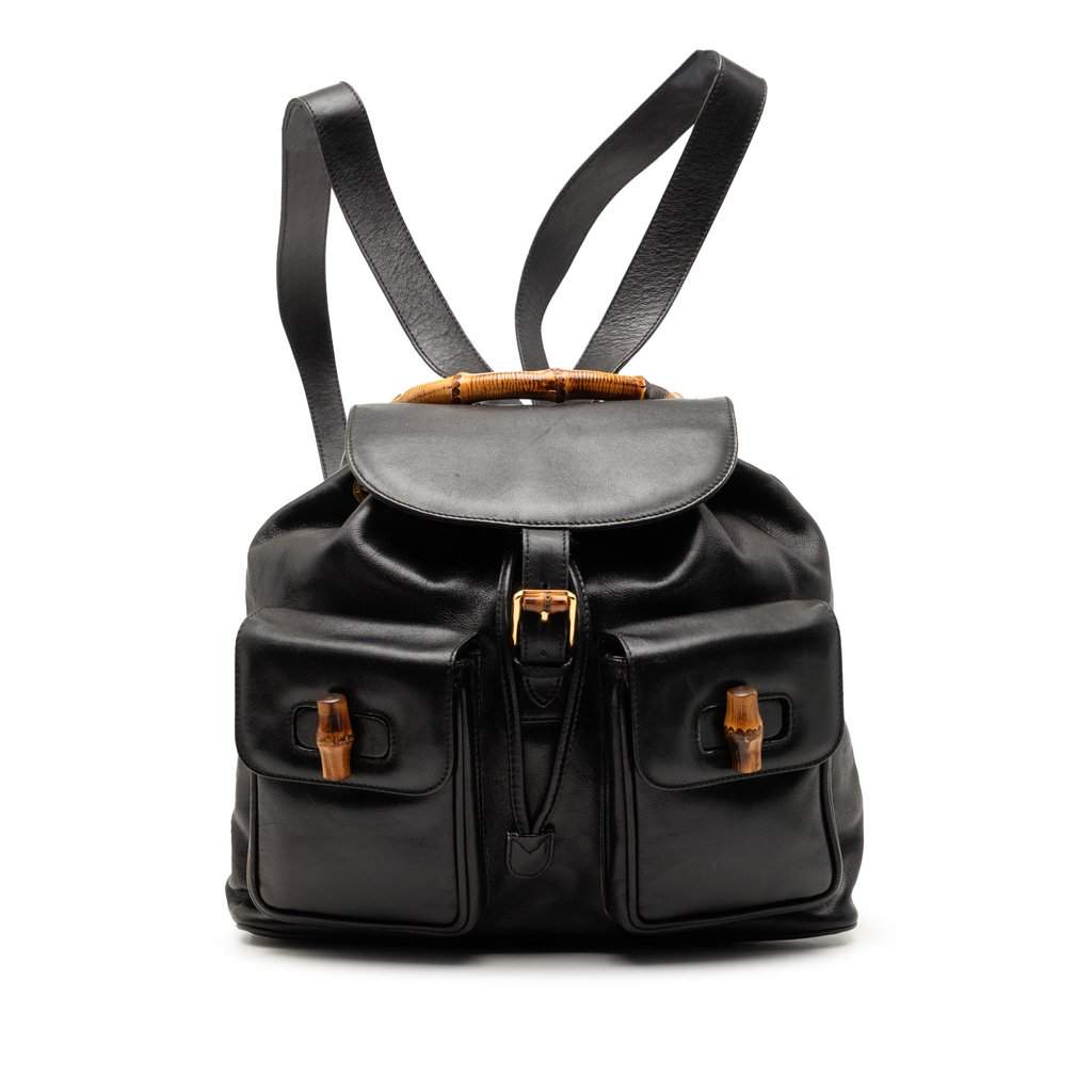 Gucci Calfskin Bamboo Drawstring Backpack Black Leather Good condition - Front View