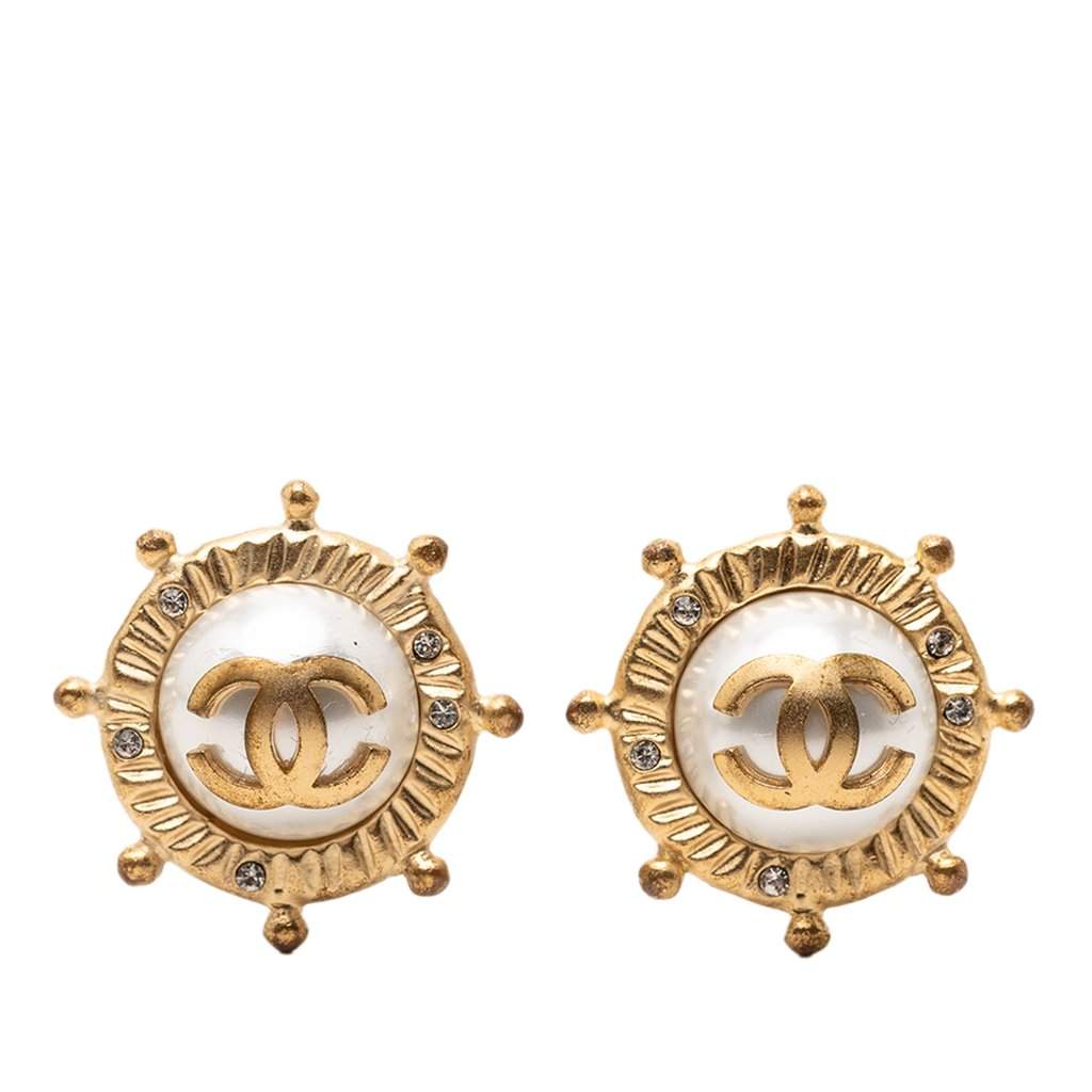 Chanel CC Gold Plated Faux Pearl and Strass Clip on Earrings Gold Metal Very good condition - Front View