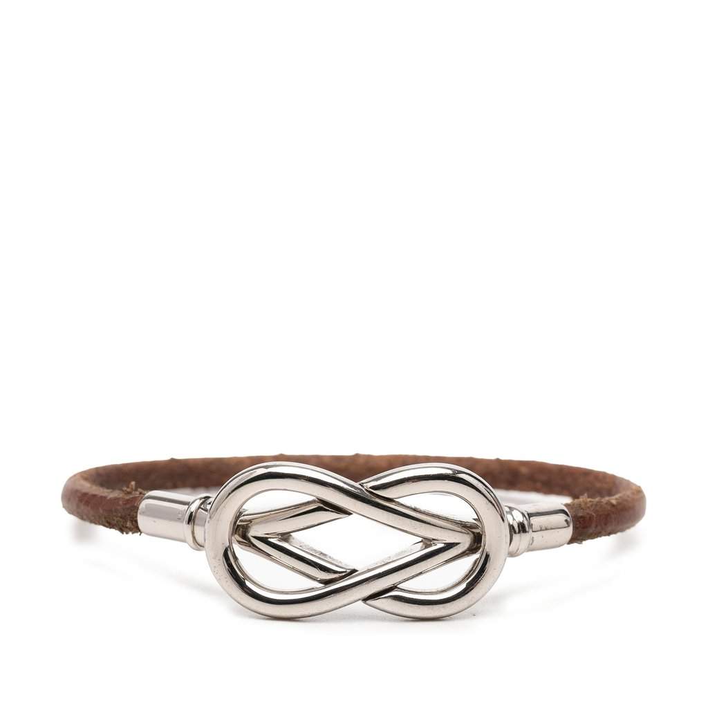 Hermès Palladium Plated and Leather Atame Knot Bracelet Brown Leather Very good - Front View
