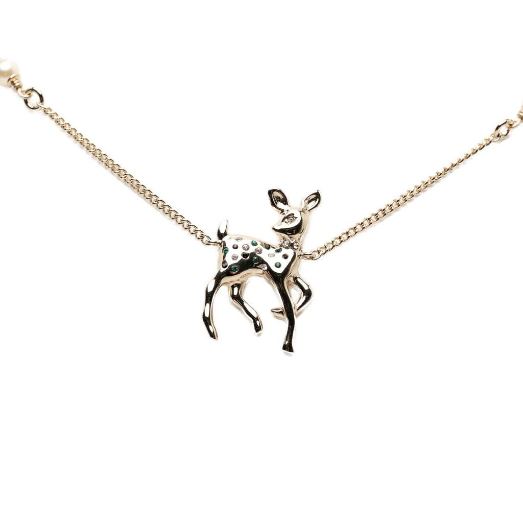 Chanel CC Gold Plated Faux Pearl and Strass Deer Pendant Necklace Gold Metal Very good condition - Front View