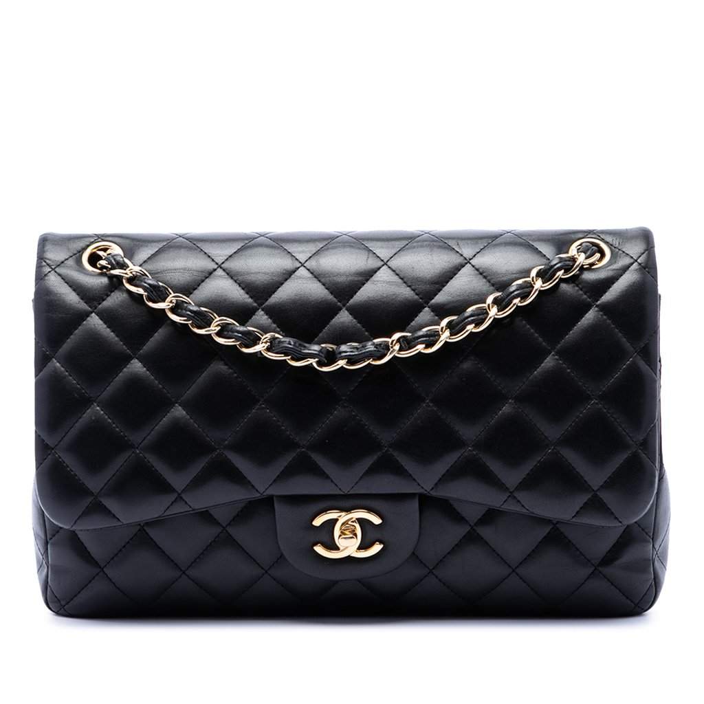 Chanel Jumbo Classic Lambskin Double Flap Black Leather Very good condition - Front View