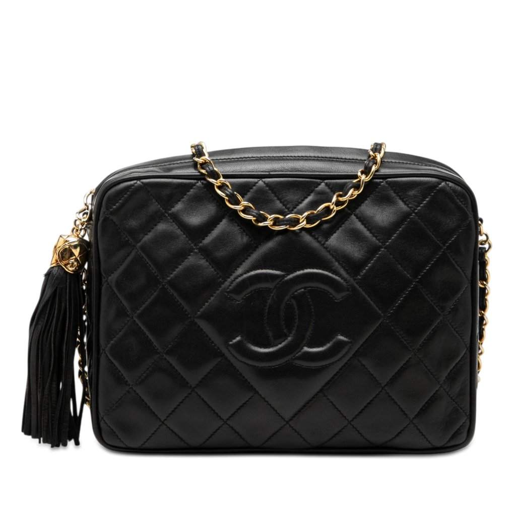 Chanel CC Quilted Lambskin Tassel Camera Bag Black Leather Very good condition - Front View