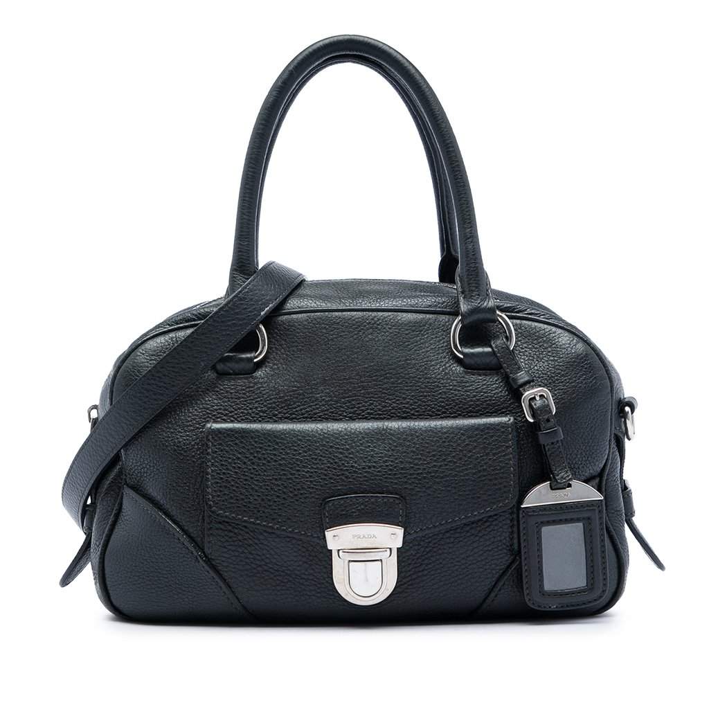 Prada Vitello Daino Front Pocket Boston Bag Black Leather Good - Front View