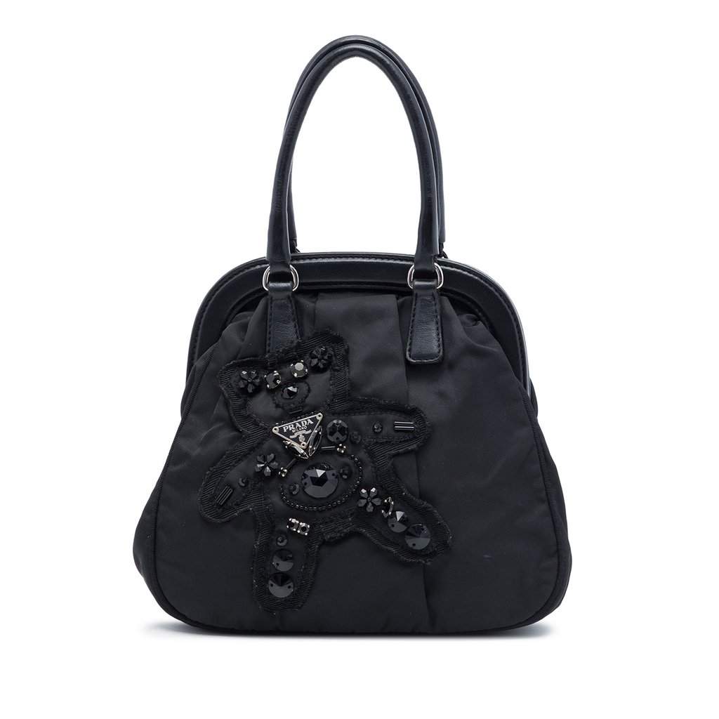 Prada Beaded Tessuto Evening Bear Frame Handbag Black Very good - Front View