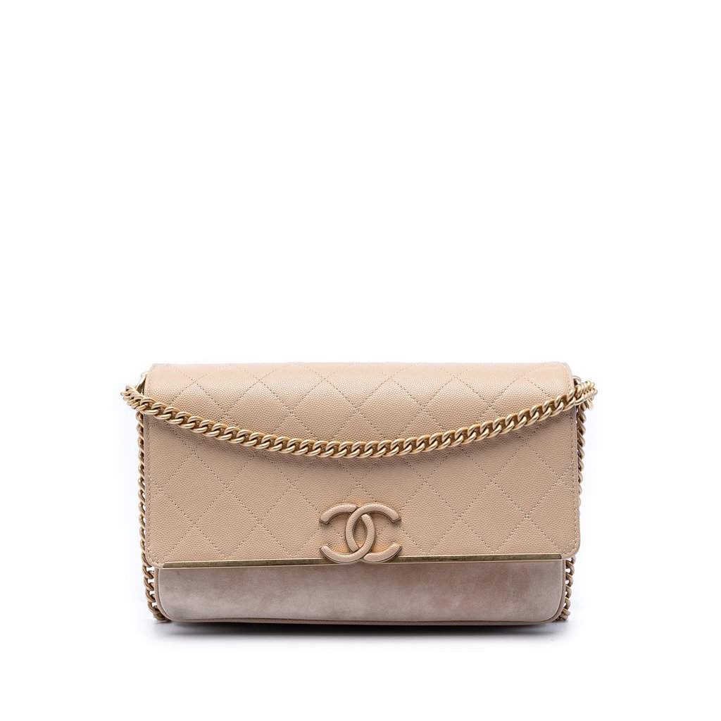 Chanel CC Stitched Caviar and Suede Lady Coco Flap Beige Leather Very good condition - Front View