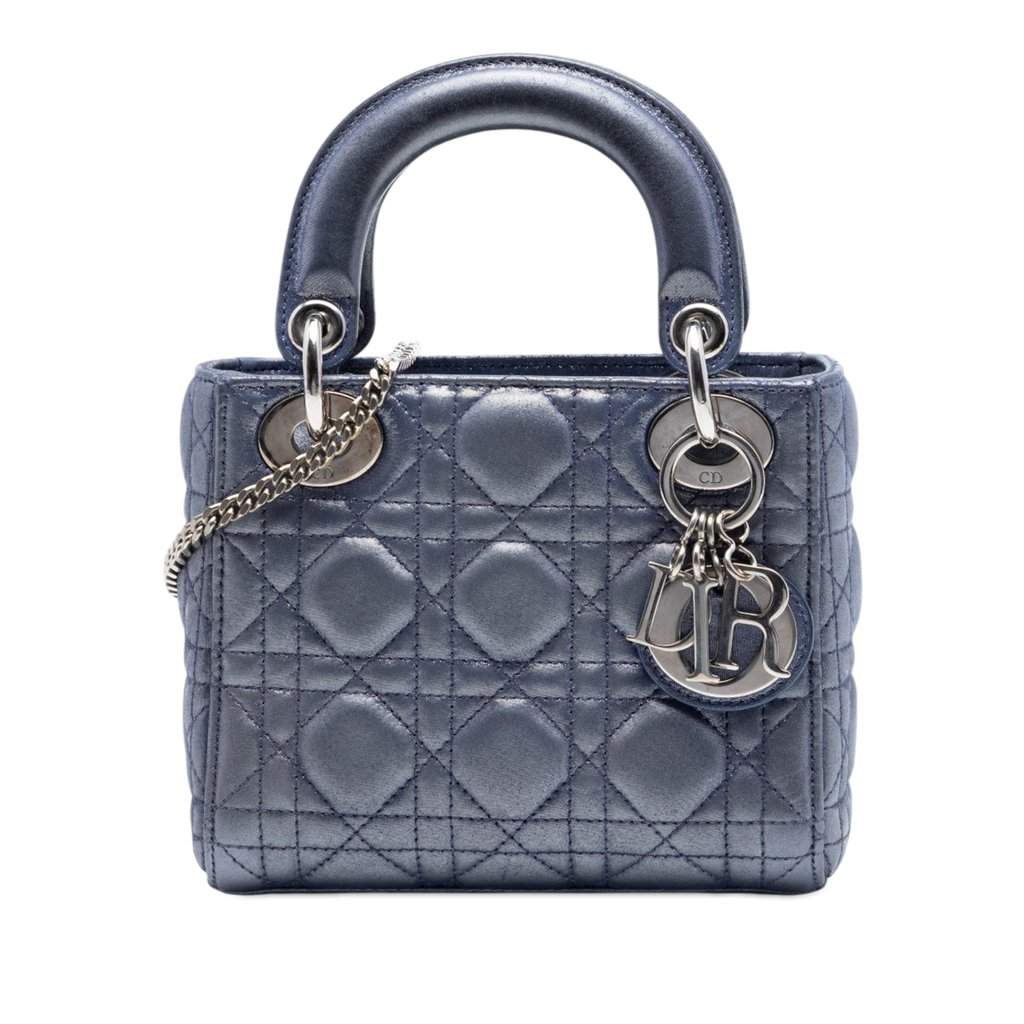 Dior Mini Iridescent Lambskin Cannage Lady Dior Blue Leather Very good condition - Front View